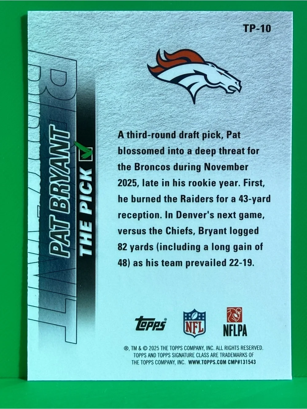 Topps Green Pat Bryant Denver Broncos Trading Card